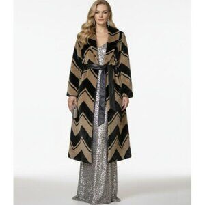 ❤️Banana Republic Faux Fur Coat Women's XS Black Tan Chevron Stripe Long Jacket